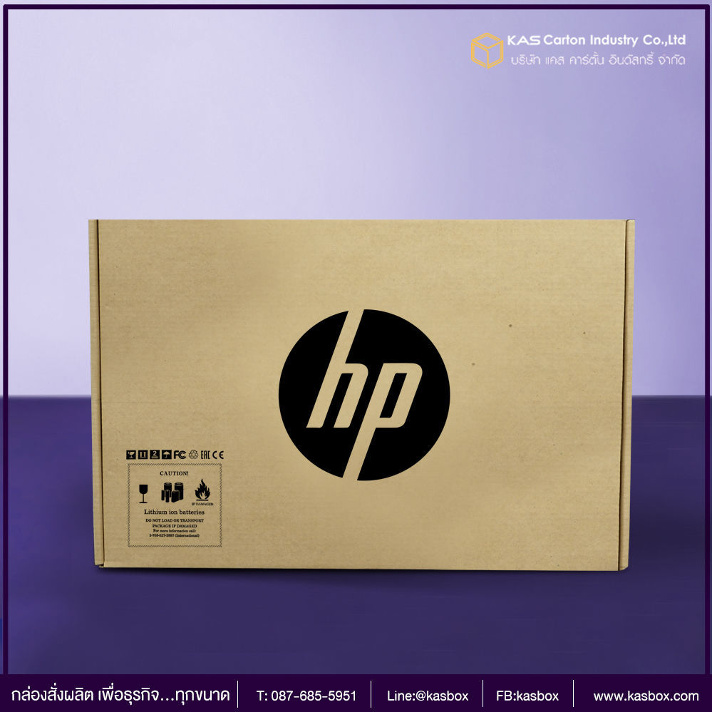 กล่องกระดาษใส่อุปกรณ์คอมพิวเตอร์ HPขนาด 12 x 18 x 2 1/2 inches.รูปแบบกล่อง หูช้างกล่องหนา 3 ชั้น ลอน Bสีกล่อง 230KS/ด้านใน 230 KAพิมพ์ 1 สีรหัสสินค้า  2077-02-PM01-01