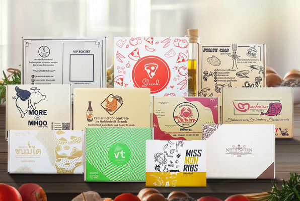 กล่องกระดาษกลุ่มอาหาร กล่องใส่อาหารขนาดมาตรฐาน เช่น กล่องพิซซ่า พิมพ์ชื่อร้านสามารถสั่งผลิตตามขนาดที่ต้องการได้ เช่น กล่องใส่ชุดสเต็ก