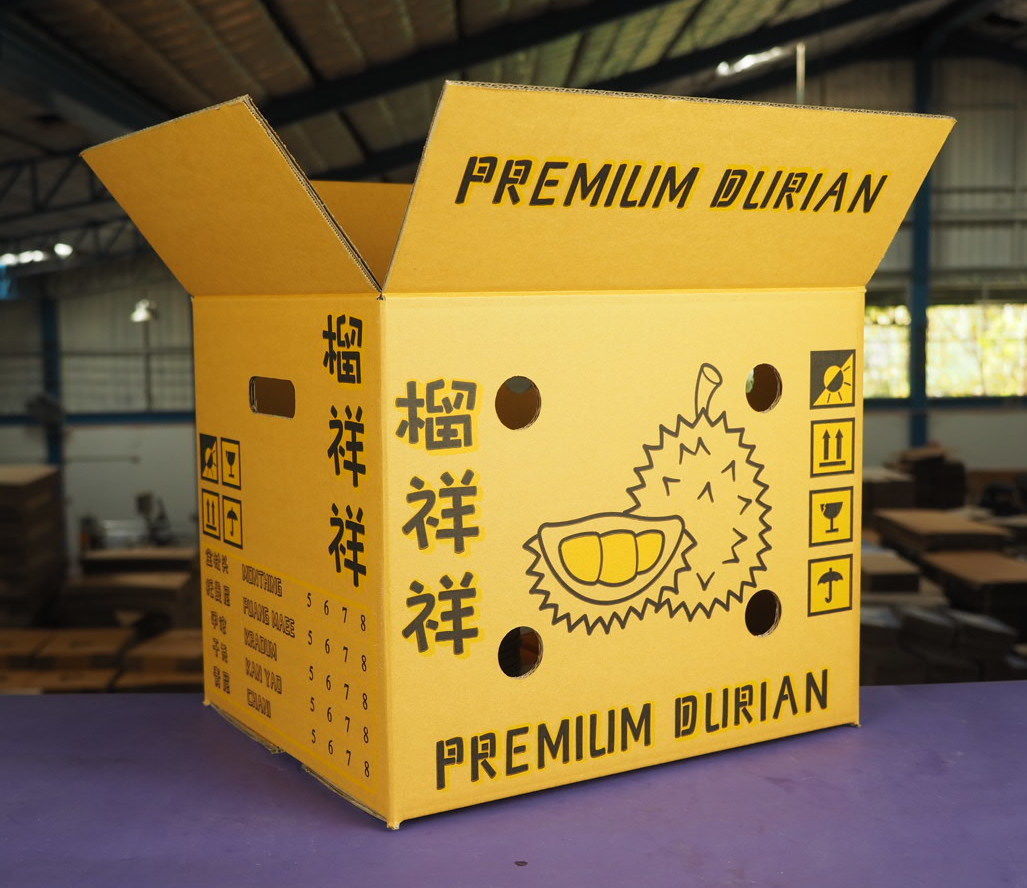 กล่องทุเรียนส่งออกบรรจุ 20 kg.4ลูกต่อกล่องกล่องทุเรียนส่งไปประเทศจีนความหนา5ชั้นสีผิวสีน้ำตาลทองทั้งด้านนอกด้านใน