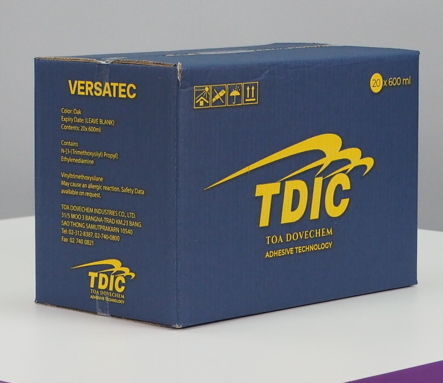 กล่องสินค้าอุตสหกรรม
Brand : TOA 
รูปแบบกล่อง : กล่องฝาชน
ขนาดกล่อง : 21 x 37 x 24 cm
ความหนากล่อง : 5 ชั้น ลอน Bc
สีผิวกล่อง : Ki
พิมพ์ : 2 สี 4 ด้าน ย้อมสีกล่อง
สีพิมพ์ : สีมาตรฐาน น้ำเงิน205+เหลือง