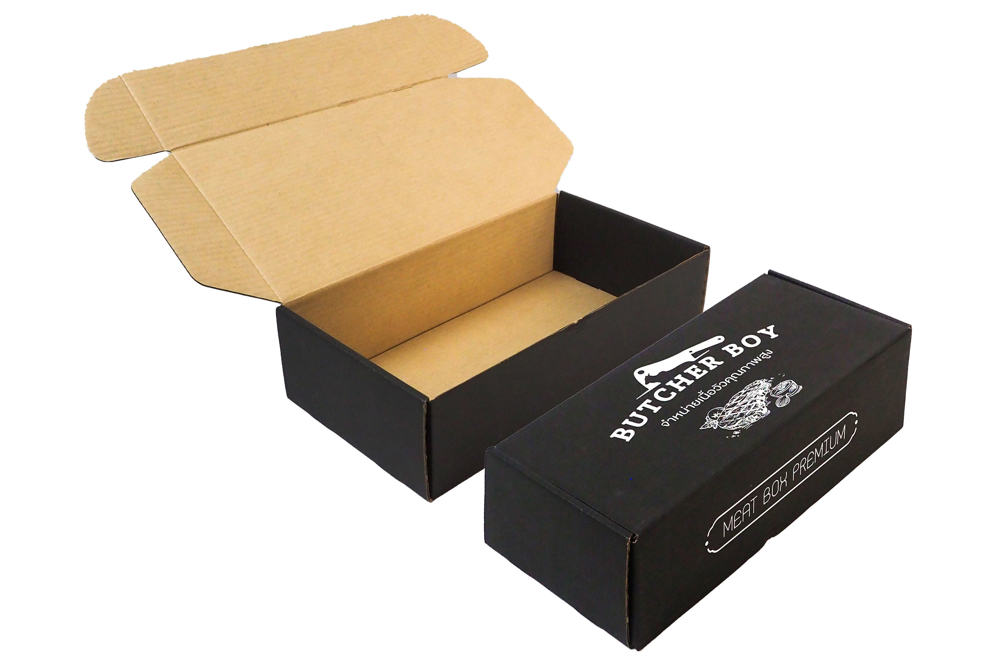 กล่องหูหิ้ว ด้านนอกกระดาษสีขาวย้อมสีดำ โลดกและข้อความเป็นสีของกระดาษ ทำให้ตัวกล่องมีความโดดเด่น เห็นได้ชัดเจน สะดุดตา มีความ Premium 